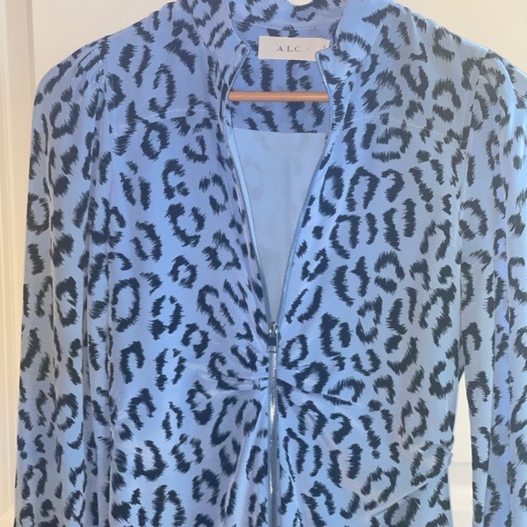 A.L.C. Marcella Dress 100% Silk Blue Leopard Print Dress Silver Front Zip Sz 2 - Picture 3 of 8